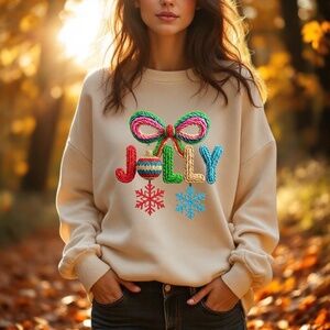 NEW Christmas Jolly Sweatshirt Faux Yarn Pink Green Bow. Any Size X M L XL XXL